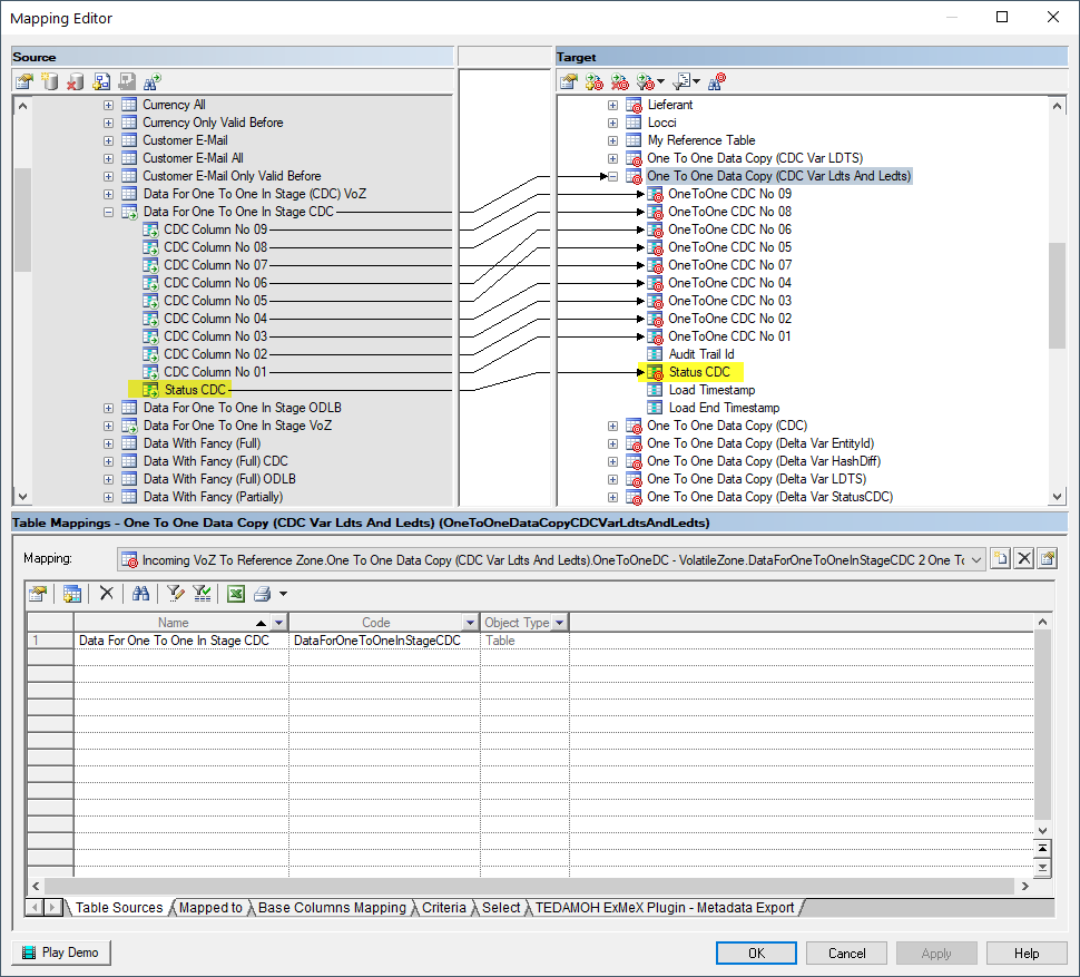 Mapping for a One To One Data Copy table in CDC-Mode