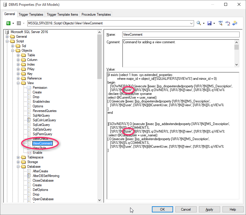 Issue in script ViewComment object of the DBMS.