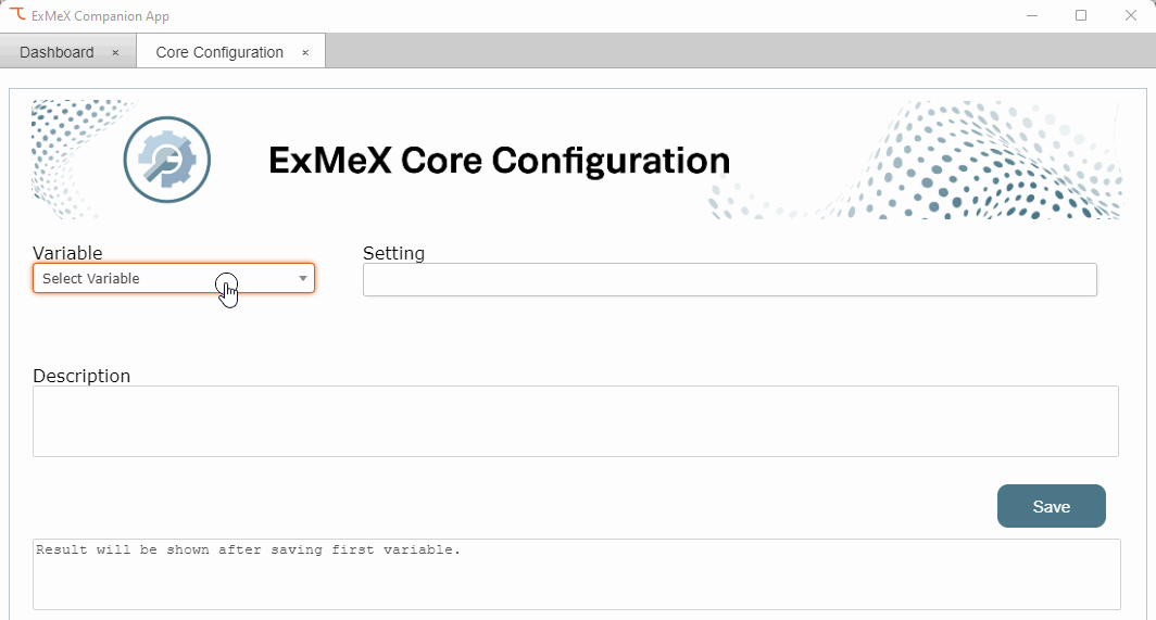 ExMeX Companion App - Core Configuration Window - Setting variable language code